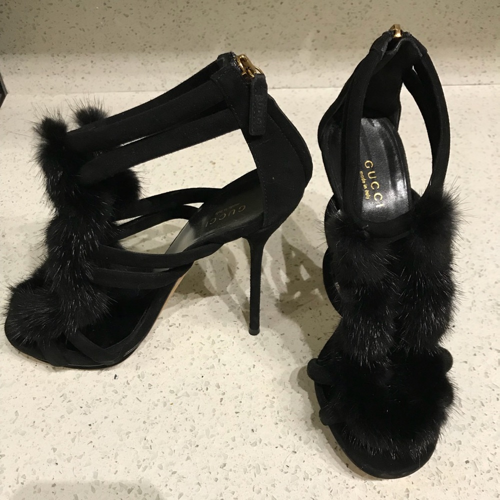 Gucci Mink Fur/Suede Black Cage Heeled Sandals